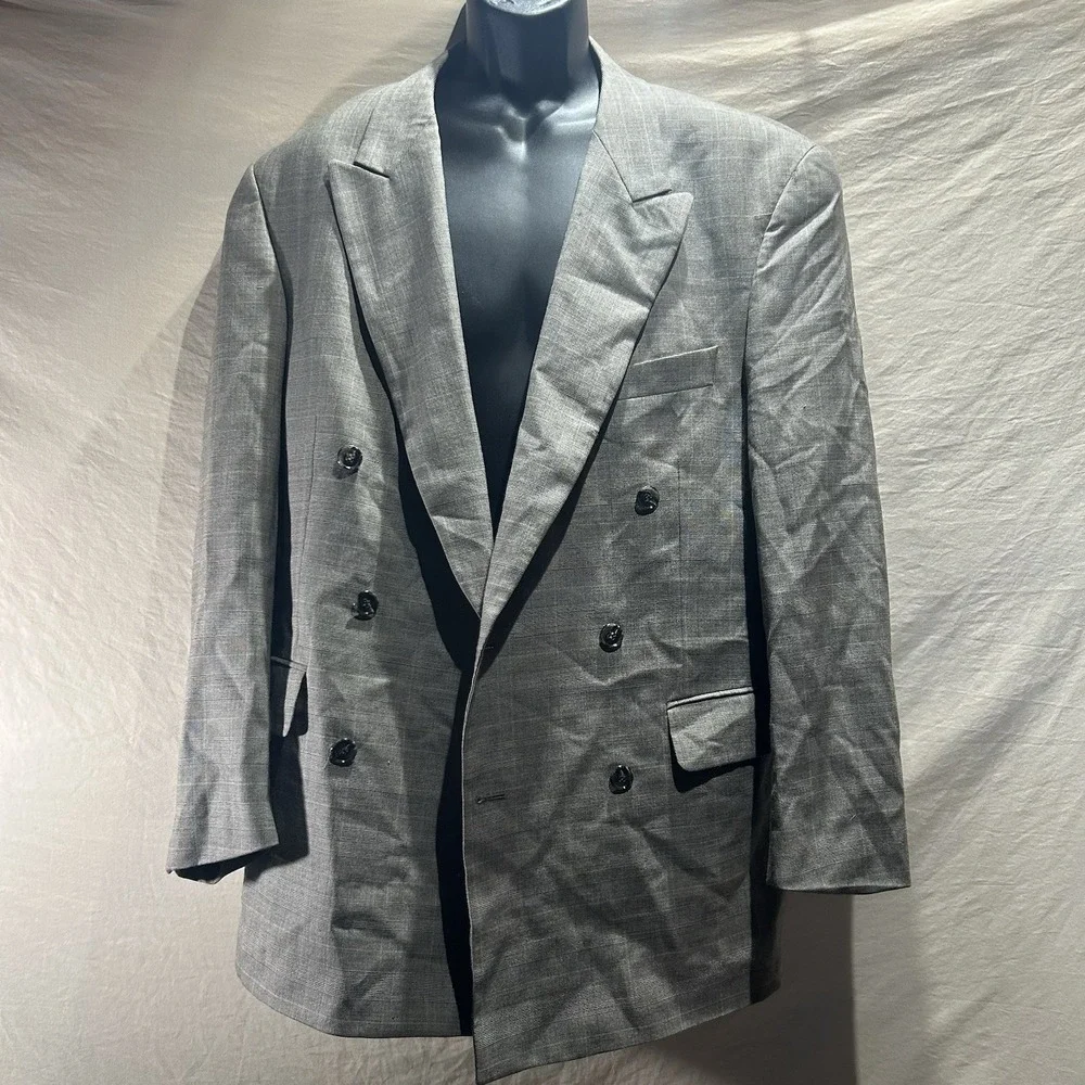 Vintage J. Riggings Mens 42R Double Breasted Blazer Grey Plaid 100% Wool Suit